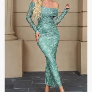 Women's Long Sleeve Tie Die Mesh Bodycon Dress Size L Off Shoulder Maxi Ruched